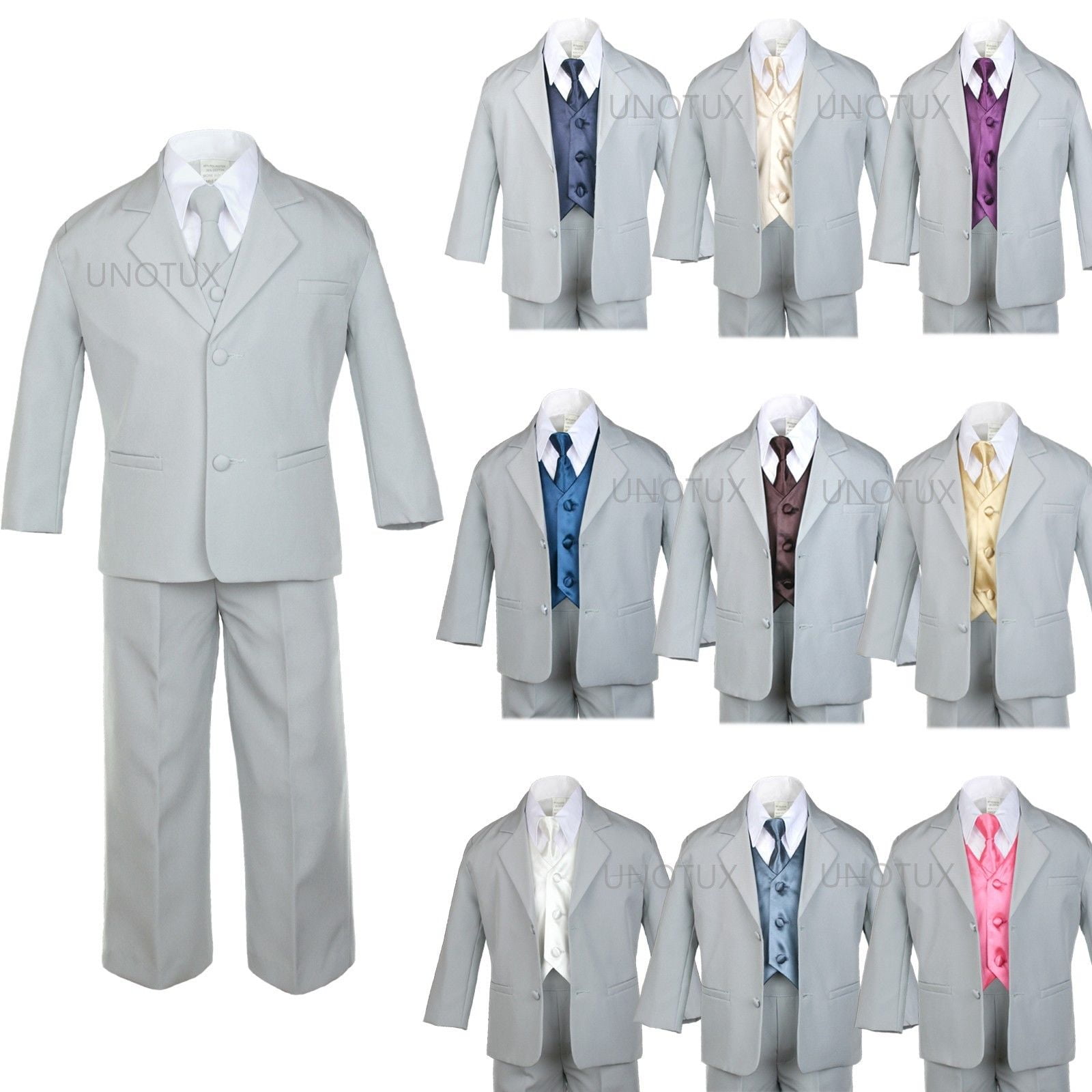 7pc Baby Toddler Kid Formal Wedding Tuxedo Boy Dark Grey Suit Satin Vest Tie S-7 