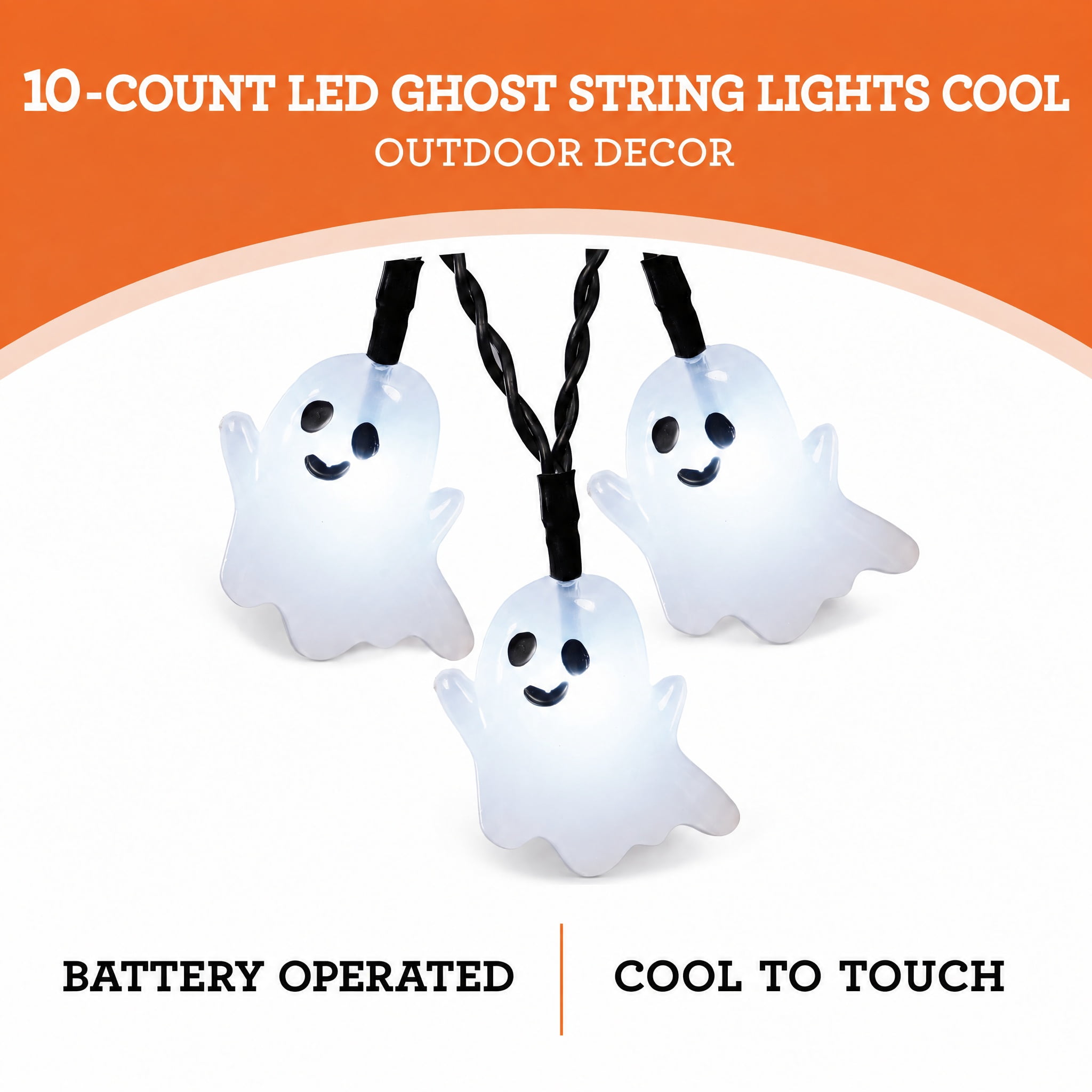 Indoor 10-Count Battery-Operated LED Ghost String Lights, Cool White, 3', Halloween by Way To Celebrate