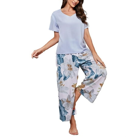 

Casual Floral Print V neck Pant Sets Short Sleeve Multicolor Womens Pajama Sets (Women s)