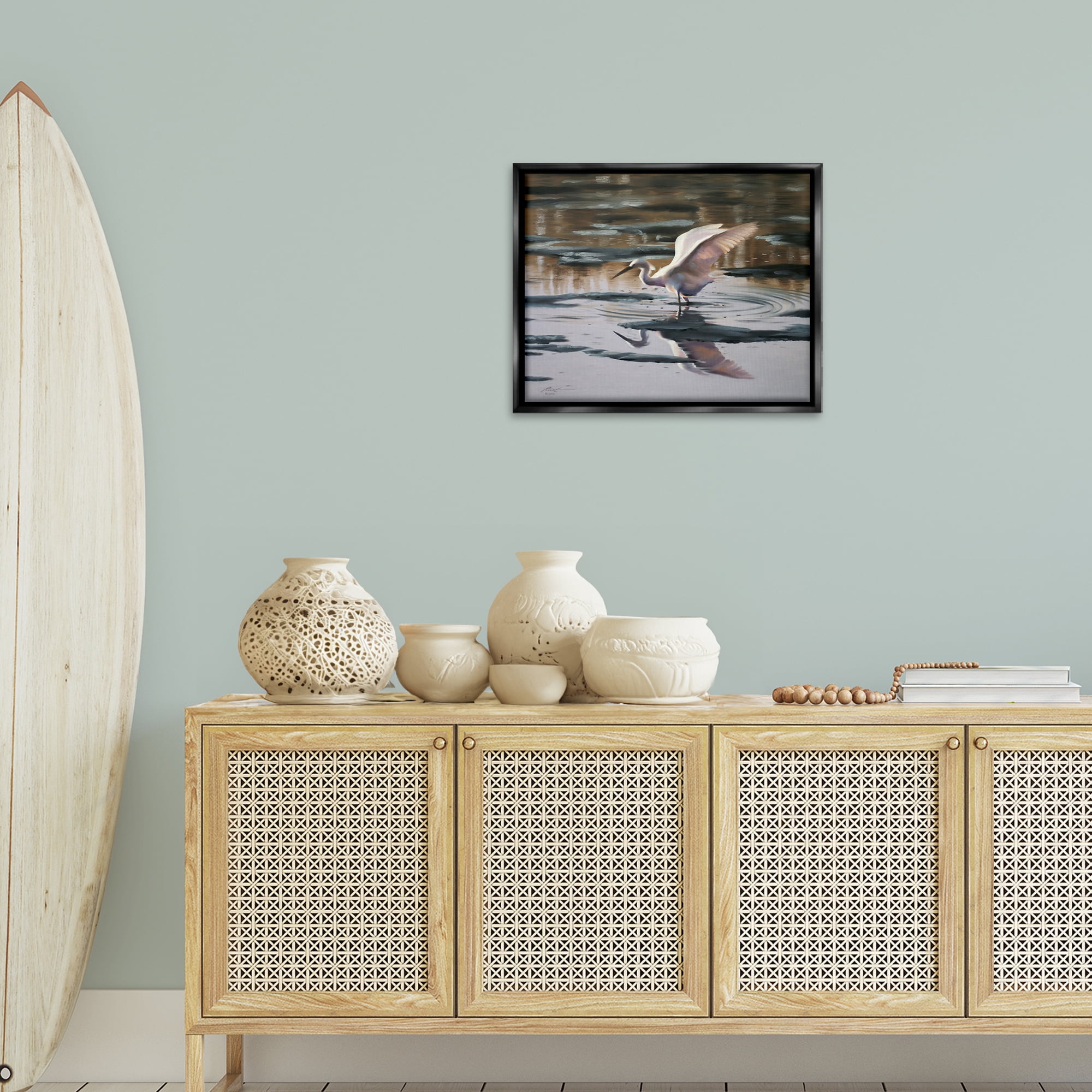 Stupell Industries Swan Landing in Water Animals & Insects Painting Black Floater Framed Canvas Art Print Wall Art, 21 x 17