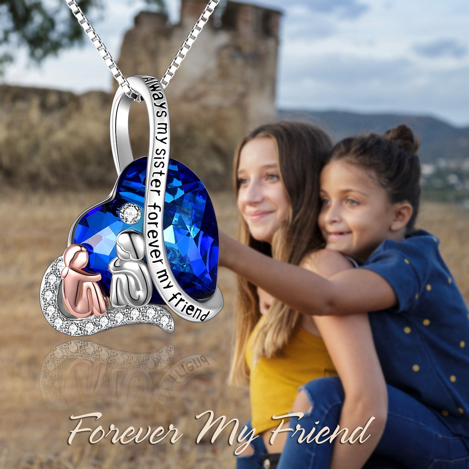 WINNICACA Friendship Necklace for 2 Sisters 925 Sterling Silver with Blue Heart Crystal Necklaces Jewelry Best Friend Birthday Anniversary Mothers Valentines Day Gifts for Women
