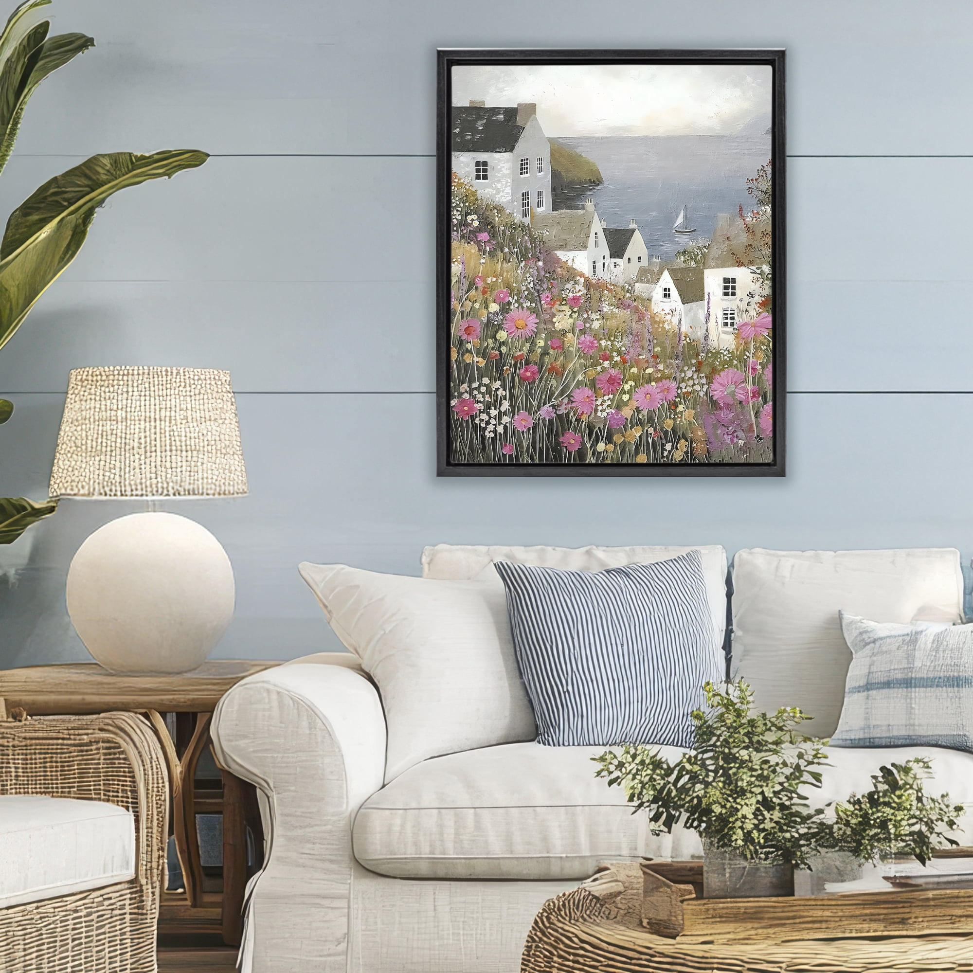 Stupell Industries Picturesque Village over Sea Black Framed Floater Canvas Wall Art, design by Riley B