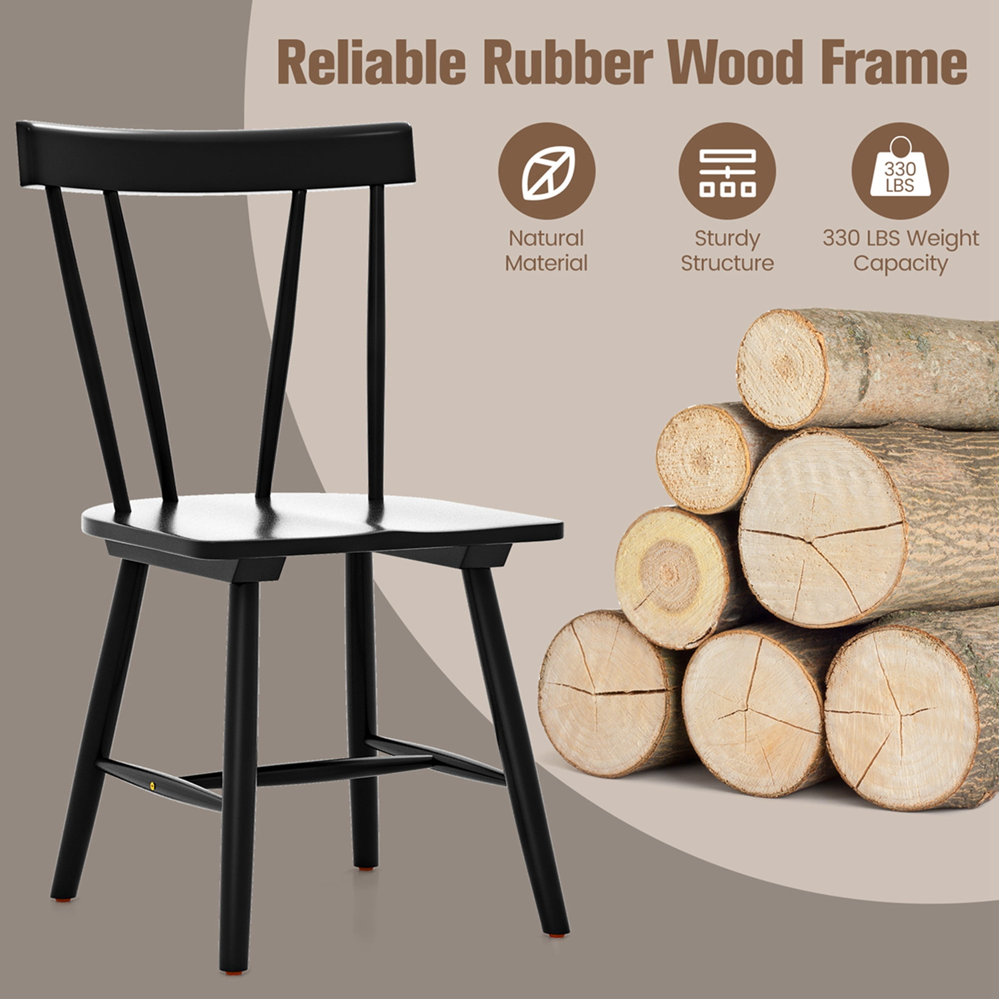 Costway Windsor Rubber Wood Dining Chairs, Black (Set of 2)
