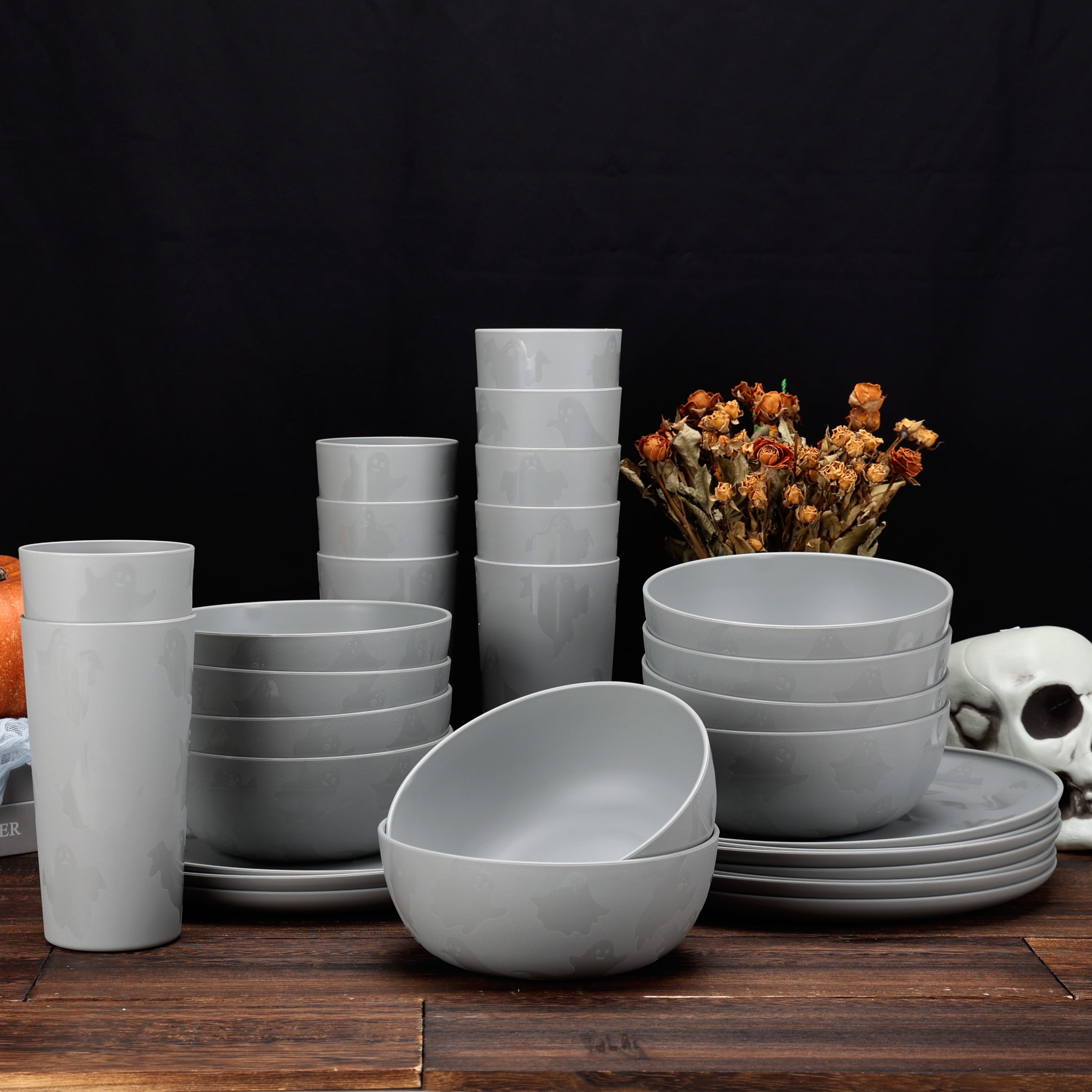 Mainstays 30-Piece Plastic Etched Ghost Dinnerware Set, Grey