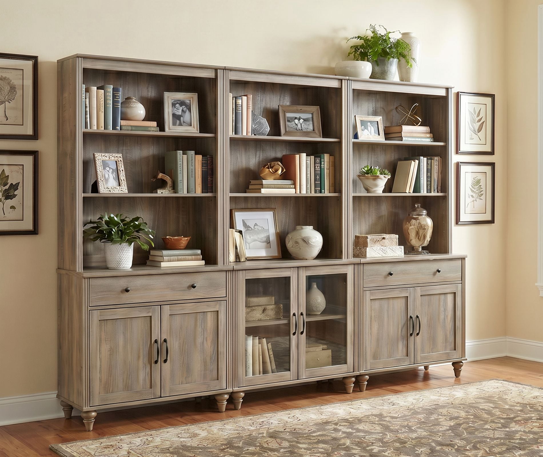 Farmhouse 5 Tier Bookcase With Doors & Drawers, Wash Gray, 101.6" W