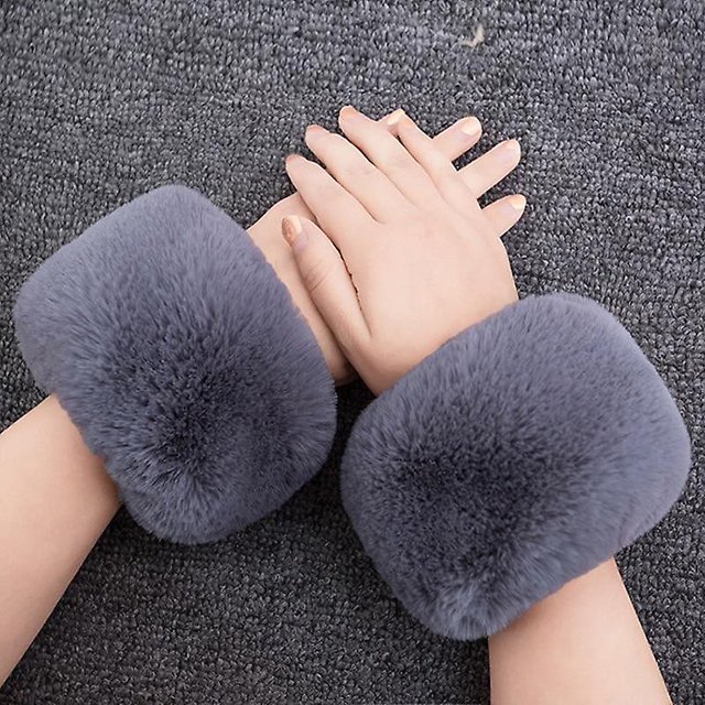 Mangas de piel de conejo de imitación de Color sólido coreano para mujer, puños a prueba de viento de invierno, trabillas para la mano, muñeca gruesa Tou LingWen 8390611080655