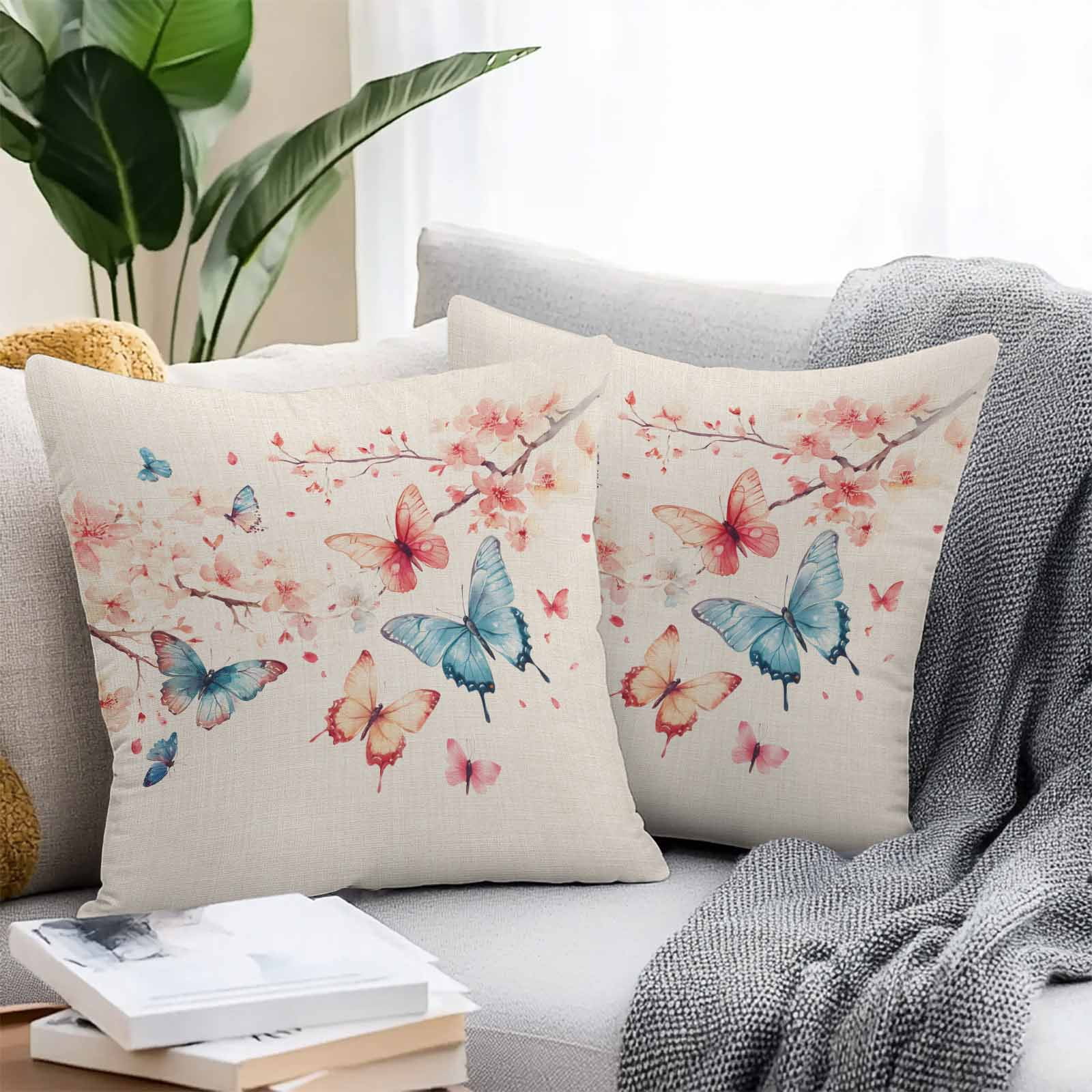 HOMFREEST Spring Floral Throw Pillow Covers 18x18 Set Of 2 - Wildflower Butterfly Design For Sofa, Couch, Home Decor