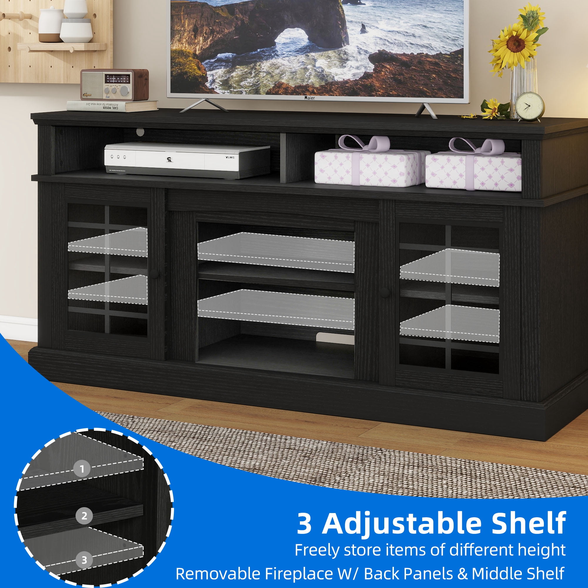 Uforic Farmhouse LED TV Stand for TV up to 70" with Glass Door, Wood TV Media Console for Living Room, White