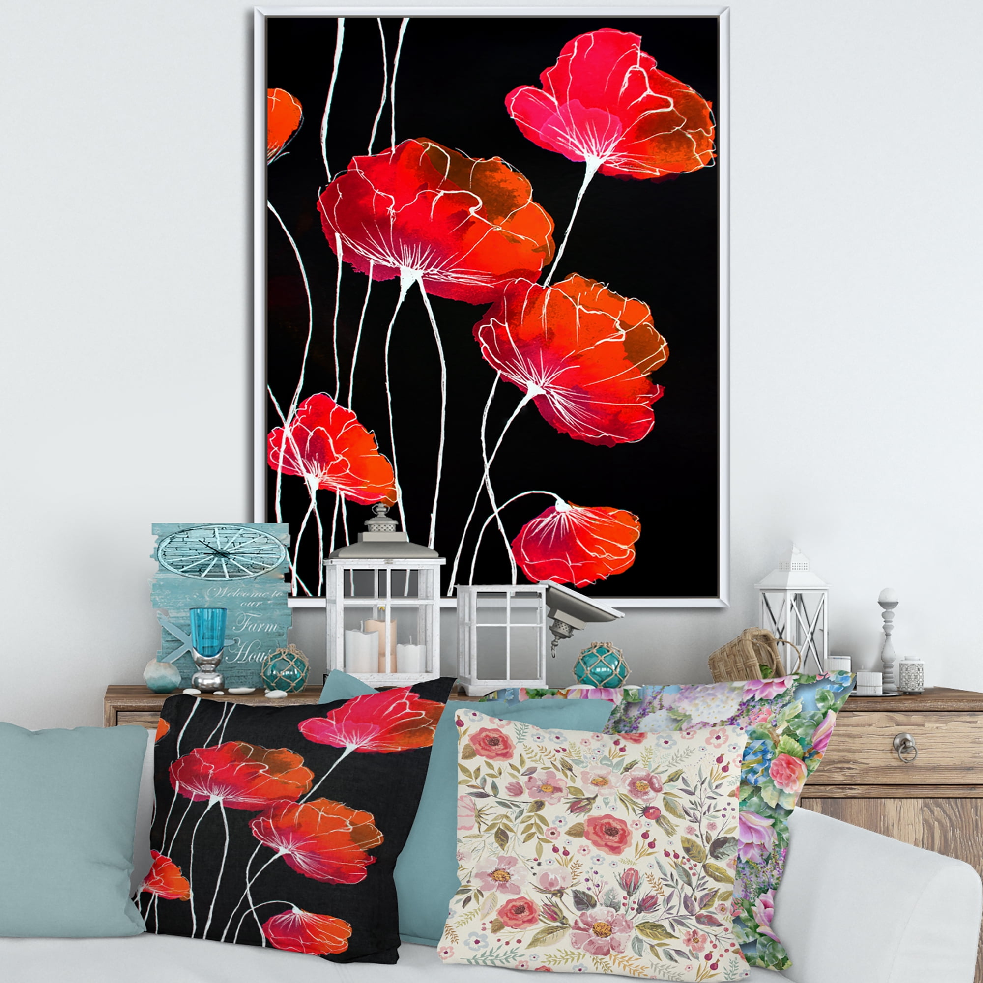 Designart 'Abstract Red Flower Detail On Black Background II' Traditional Framed Canvas Wall Art Print
