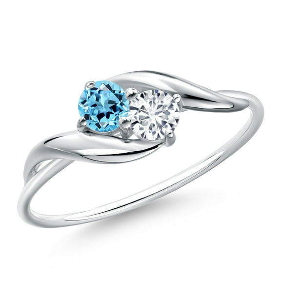 Gem Stone King 10K White Gold Round Swiss Blue Topaz and White Lab Grown Diamond Ring for Women (0.37 Cttw, Round 3.5MM, Gemstone November Birthstone, Size 7)