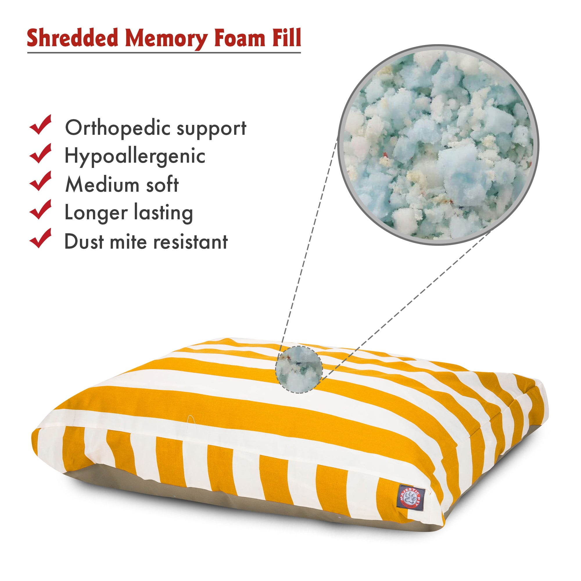 Majestic Pet | Vertical Stripe Shredded Memory Foam Rectangle Pet Bed For Dogs, Removable Cover, Yellow, Small