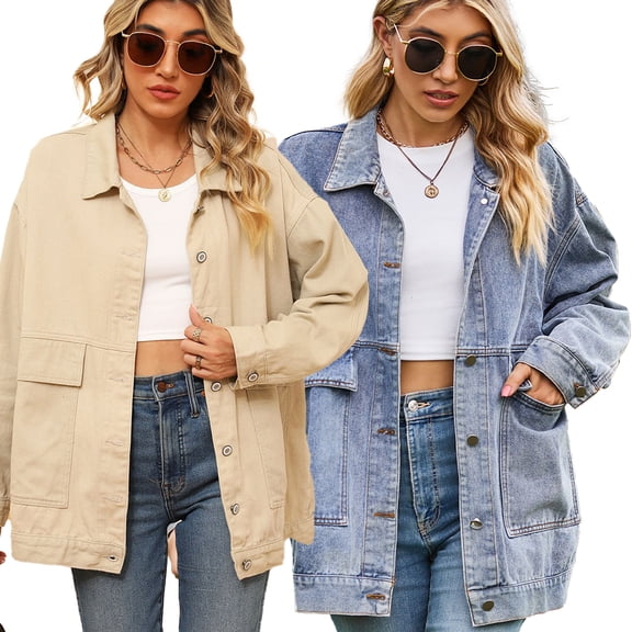Women's Long Sleeve Denim Jean Jacket Oversized Denim Coat Lapel Button Jean Jacket with Pockets S-XXL