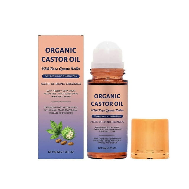 Organic Golden Castor Oil Roll-On with Rose Quartz, Cold Fressed Pure for Skin, Brows & LashesHexane Free
