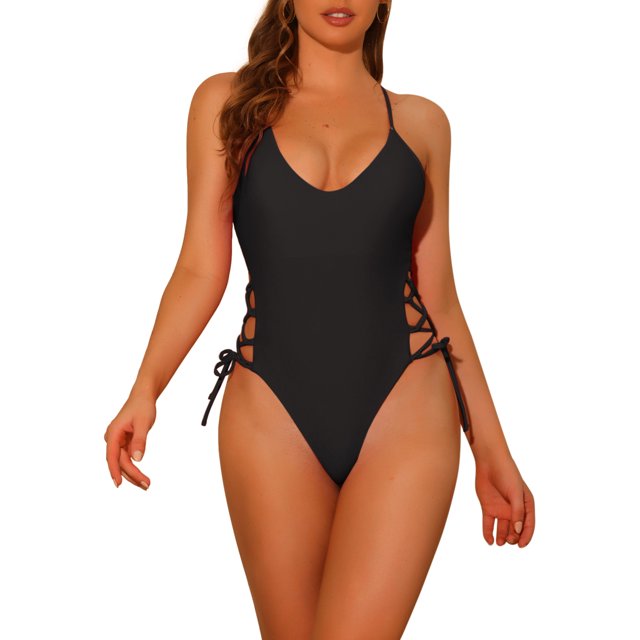 Traje de baño de una pieza para mujer, con encaje, criss cross, monokini con escote, lazo lateral, traje de baño ajustado, pequeño, negro