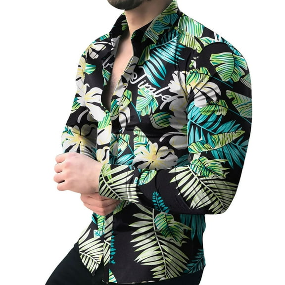 Aayomet Hawaiian Shirt For Men Men'S Autumn And Winter Casual Leaf Print Shirt Long-Sleeved Bowling Shirts For Men Green,XXL