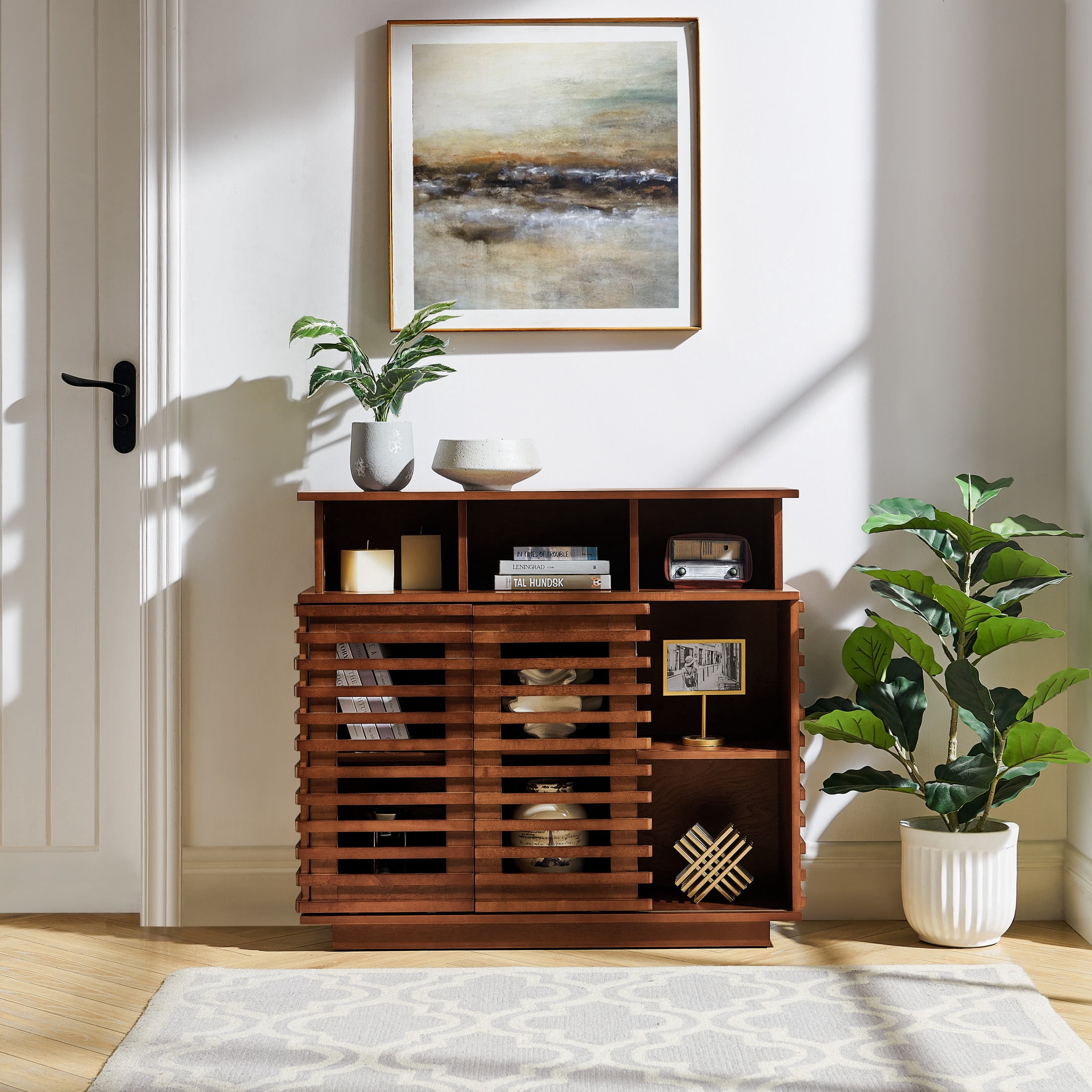 GDF Studio 36.1" Farmhouse Sideboard Buffet Cabinet with Sliding Doors, Adjustable Shelf, Walnut