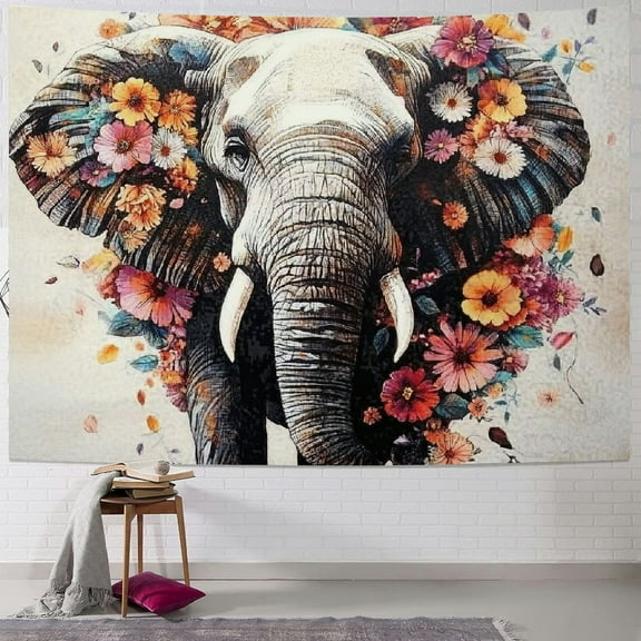 Patifu Elephant Flowers Intricate Art Tapestry Wall Hanging Unique Style for Home Decor - Graphic Tapestries for Living Room Bedroom Apartment Farmhouse Dorm 40x30inch