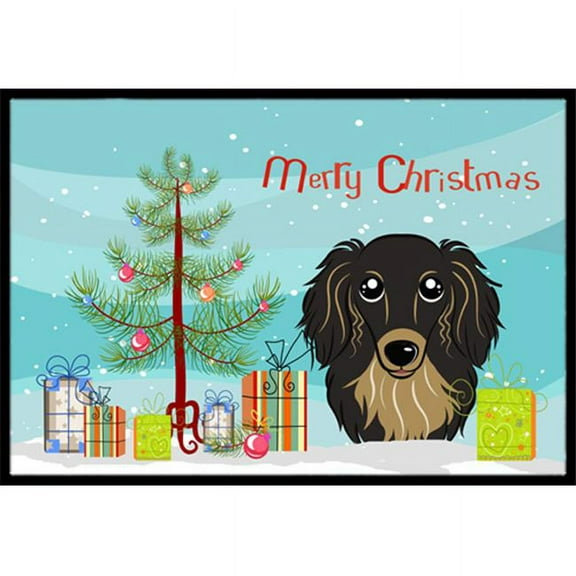 Christmas Tree & Longhair Black & Tan Dachshund Indoor or Outdoor Mat - 18 x 27