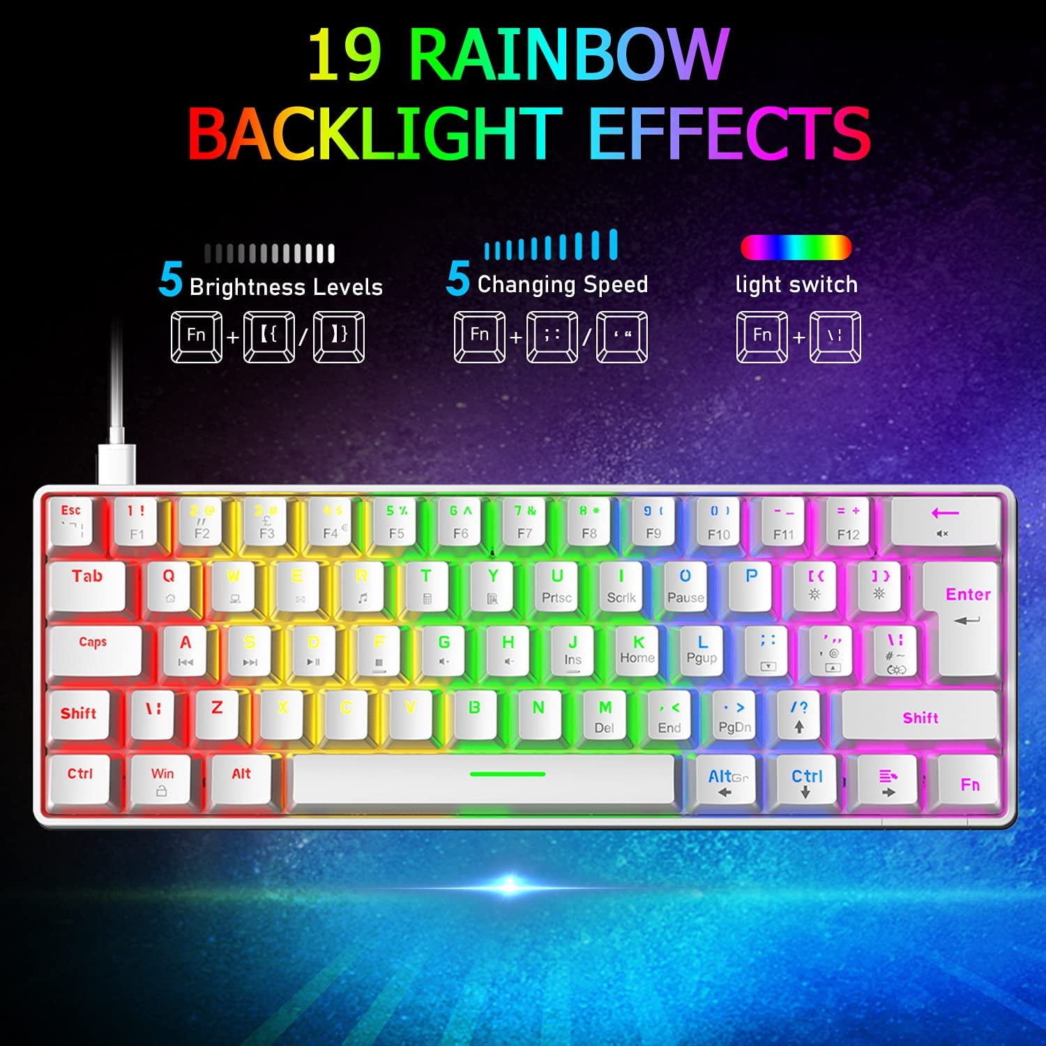ZIYOULANG T60 Wired Gaming Keyboard 60% Mechanical Keyboard Mini Portable 61 Keys Multi Color RGB Illuminated LED Backlit Waterproof for PC/Mac PS4 Xbox Gamer, Typist, Travel- White/Blue Switch