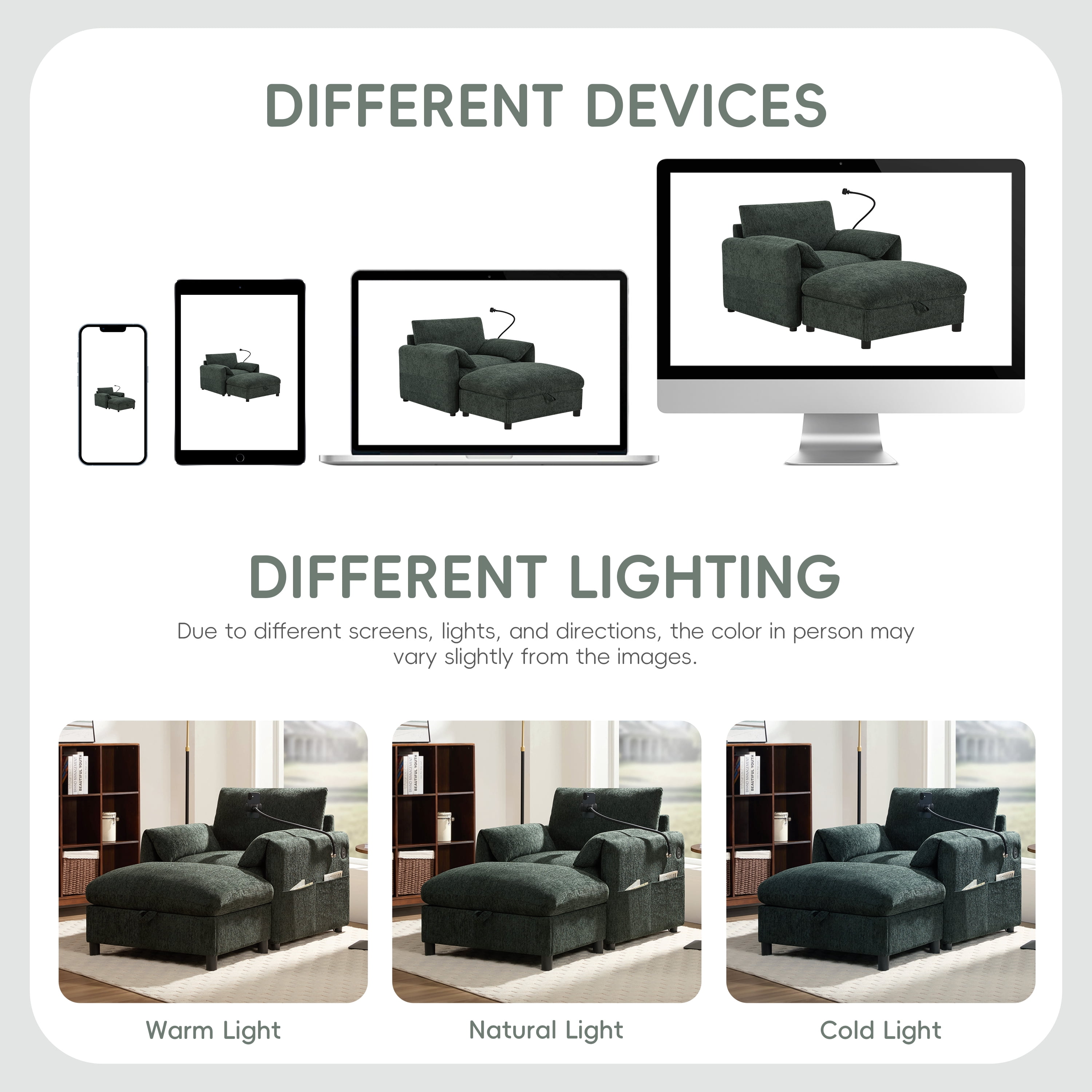 Accent Chair, Single Sofa, Chaise Lounge with Oversized Storage Ottoman and Adjustable Phone Holder, Chenille Armchair with Pillow Armrests and Side Pockets, for Living Room, Green