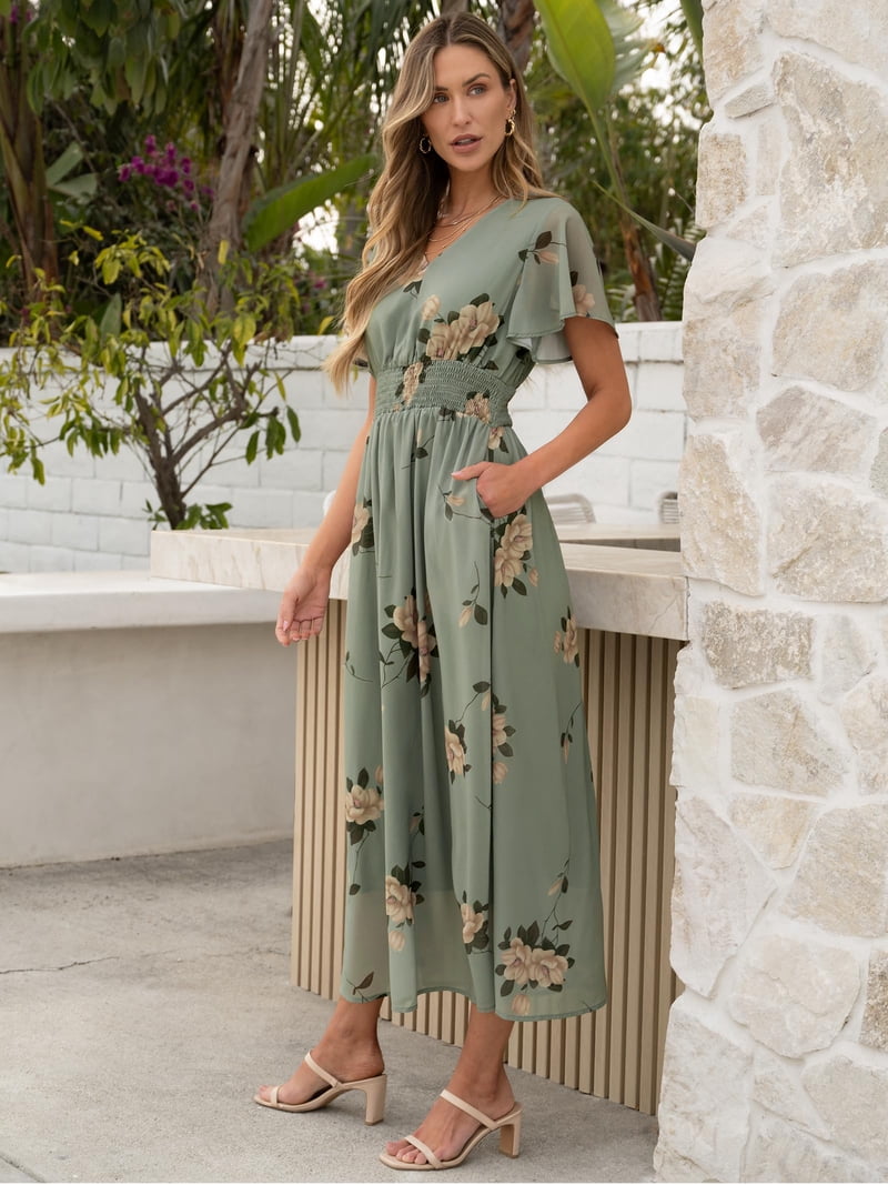 green floral maxi dress wedding guest Anrabess Women Summer Floral Maxi Dress Casual V Neck Short Sleeve Chiffon Boho Flowy Beach 2026 Wedding Guest Long Dresses Floral Green XL, Women's