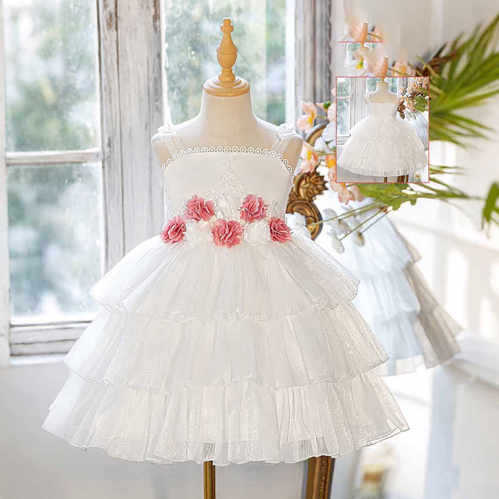 Wdgfv Girls Summer Dress Casual Tiered 3D Floral Applique Party Gown for Toddler Kids Outdoor Play and White 4-5 Years