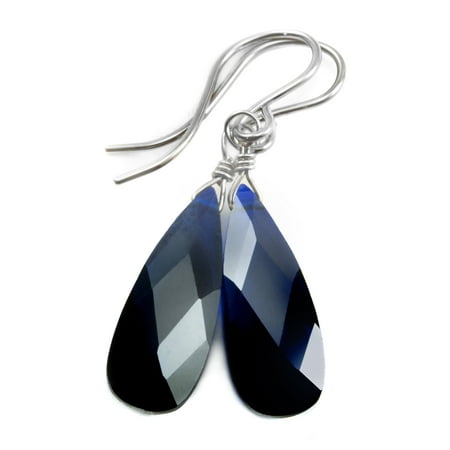 Pear Shaped Sapphire (Cubic Zirconia Earrings Simulated Dark Blue Sapphire Faceted Long Pear Shaped CZ Teardrops Sterling Silver Spyglass)
