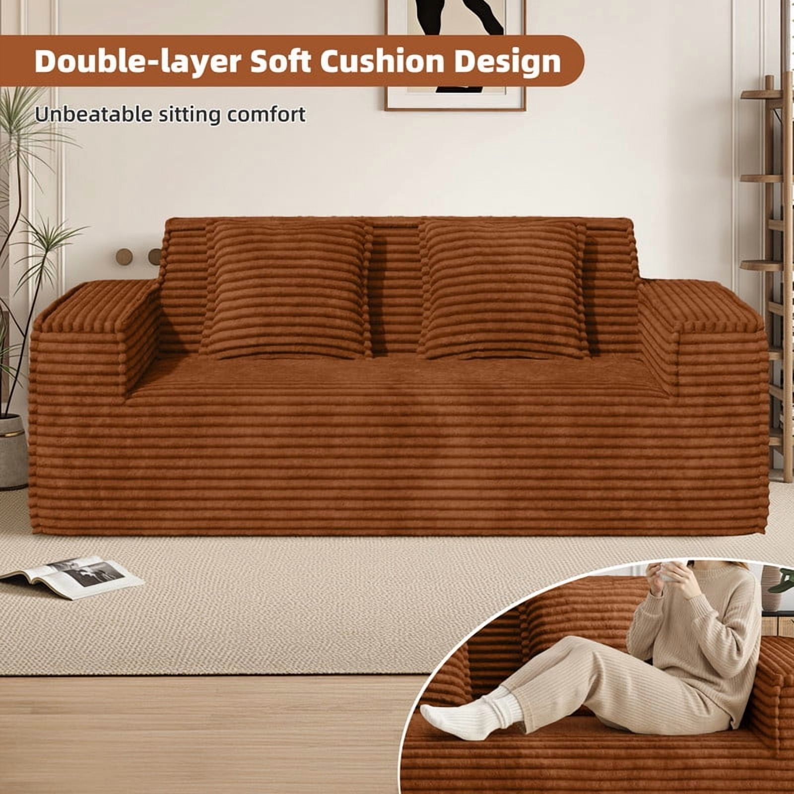 Hawsaiy 75" Corduroy Loveseat Sofa with Wide Armrests & Removable Pillows, No Assembly Foam Couch, Vacuum Packed, High-Density Support,Brown