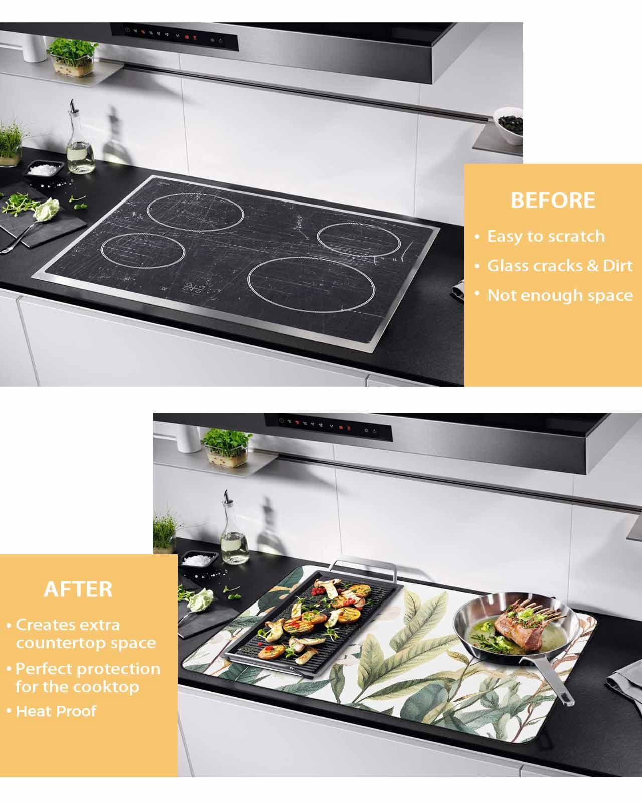nqOlkjepod Large Induction Cooktop Protector Mat 24"x21", Watercolor Floral Leaves Stove Top Covers for Electric Stove, Farmhouse Tropical Leaf Stove Burner Cover Mats, Glass Top Stove Cover