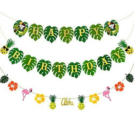 Tropical Luau Party Banners Hawaiian Birthday Garland Luau Party Supplies Hawaii Hanging Banner Decorations for Summer Party Flamingo Aloha Palm Pineapple Garland