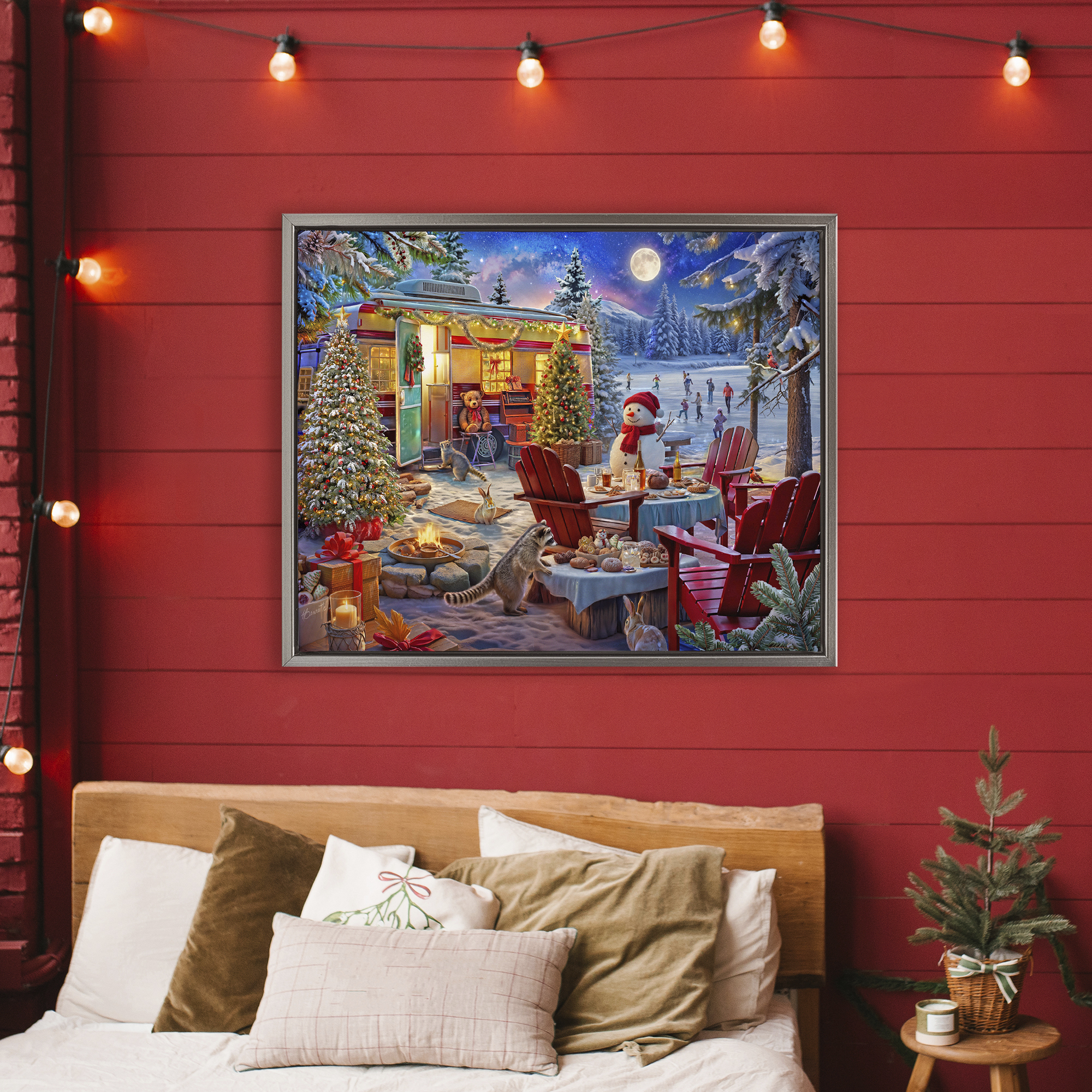 Winter Holiday Camper Party Gray Framed Floater Canvas Wall Art, design by Henriette Chinaglia