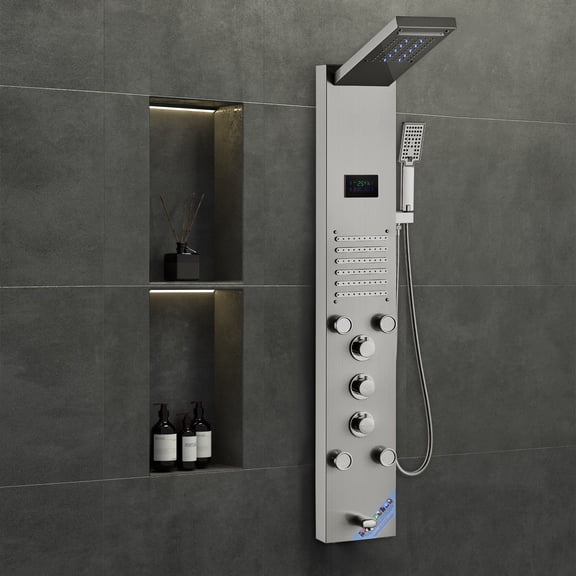 Stainless Steel Shower Panel System - 6 Modes, LED Display, Rainfall & Massage Jets, Hydroelectric, Wall-Mounted