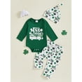 thumbnail image 3 of My First St. Patricks Day Baby Boy Girl Outfits Letter Print Long Sleeve Romper Long Pants Beanie Hat 3Pcs Cute Clothes Set, 3 of 8