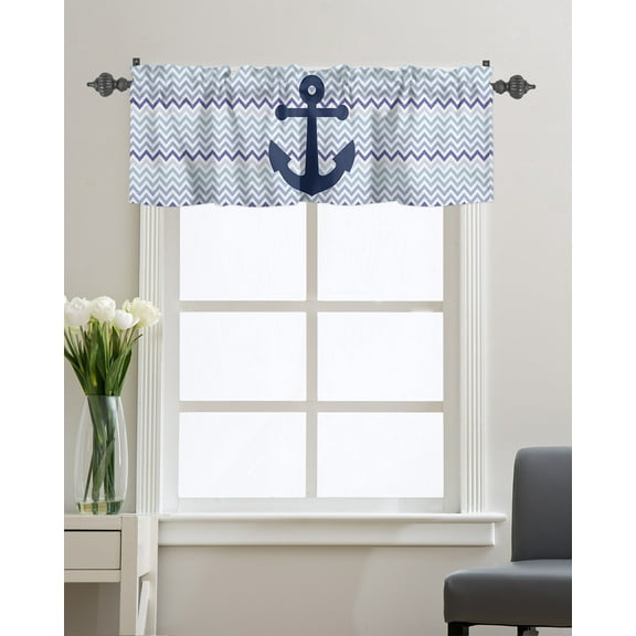 Kitchen Cafe Valance Curtain for Small Windows,Nautical Navy Blue Anchor Rod Pocket Short Valances Ripple Wave Chevron Stripe Window Treatment Panel for Living Room/Bedroom/Bathroom,54x18in