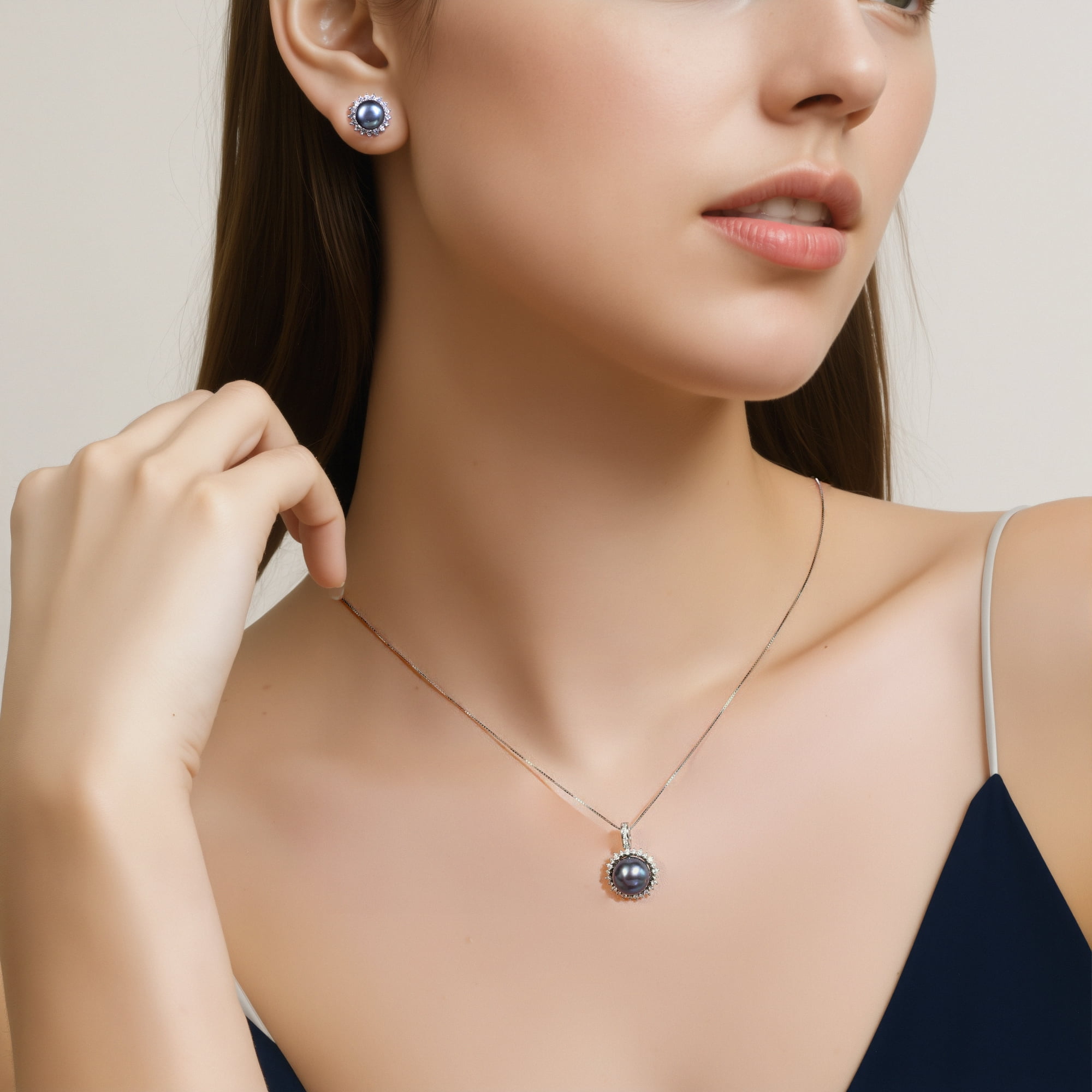 YAMI10-11mm Black Pearl Necklace and Earring Set, Sunflower Design, 925 Sterling Silver Cultured Pearl Jewelry Gift for Women