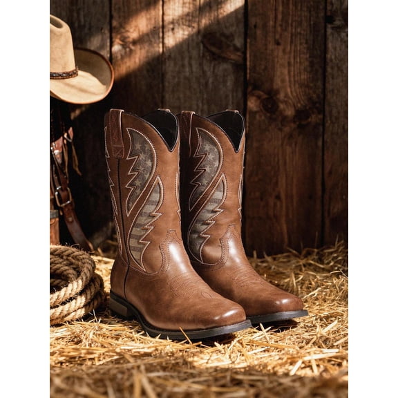 Men's Leather Cowboy Boots, Western Style Rugged Durable Comfortable Short Retro Country Square Toe Boot for Men