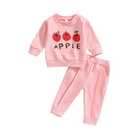 

Frobukio 2Pcs Toddler Baby Girls Pants Outfits Letter Apple Print Long Sleeve Tops + Elastic Waist Trousers Sets Pink 12-18 Months