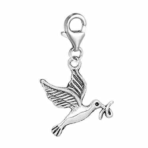 Peace Dove Clip on for Bracelet Charm Pendant for European Charm Jewelry w/ Lobster Clasp
