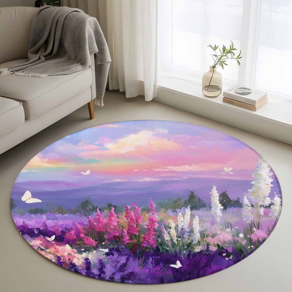 Purple Lavender Round Area Rug 3Ft Washable Small Circle Rugs for Kitchen Entryway, Spring Country Oil Painting Butterfly Flower Non-Slip Carpet Floor Mats Indoor Outdoor Carpet Runner Home Decor