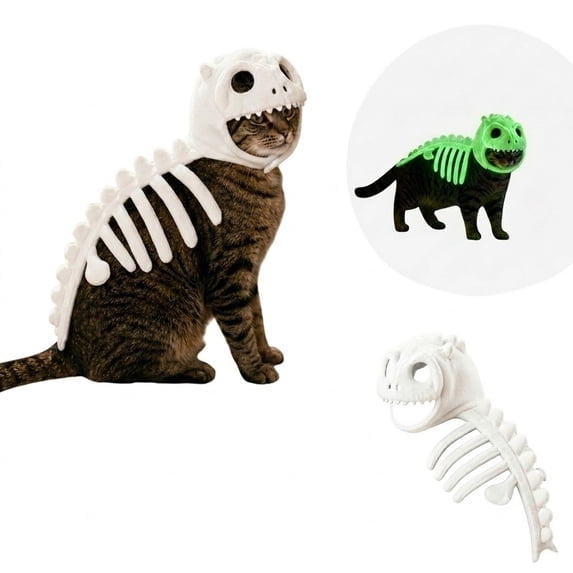 Pet Dinosaur Costume Halloween Costume for Cat, Dinosaur Skeleton Outfit with 3D Bone Design and Luminous Details, Pet Cosplay Clothes for Dogs Cats Halloween Party,C