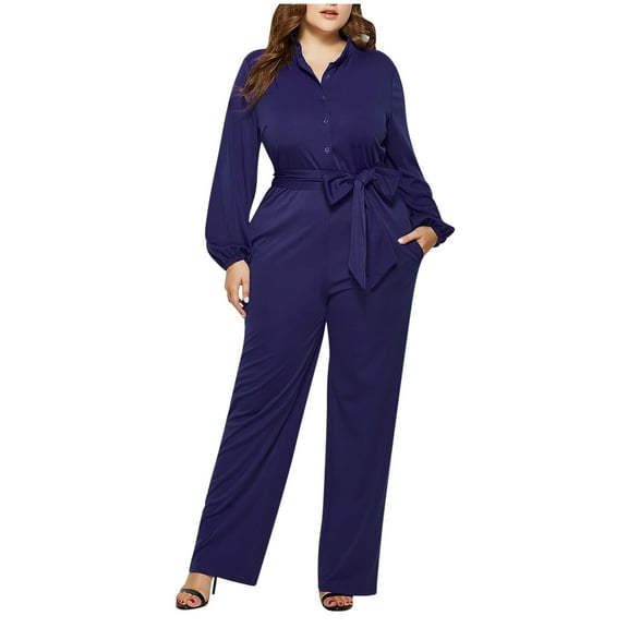 successthop Plus Size Jumpsuits for Women Dressy V Neck Long Sleeve One Piece Belted Button Long Lounge Wear Solid Pants