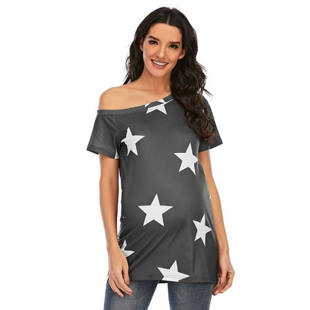 

DxhmoneyHX Women s Maternity Tops Shirt Off Shoulder Short Sleeve Pregnancy Tshirt Star Print Casual Mama Blouses Clothes