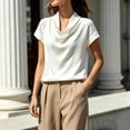 thumbnail image 4 of IUYRTFE Women's Draped Cowl Neck Short Sleeve Satin Blouse – Elegant Solid Color Summer Top for Office and Casual Daily Wear, 4 of 6