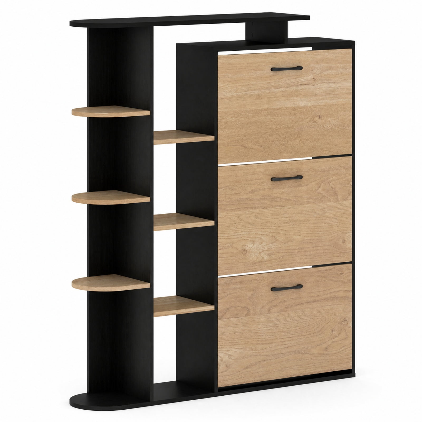 Furnibear Tall Shoe Cabinet with Open Shelves and 3 Flip Drawers Modern Freestanding Shoe Storage Organizer for Entryway Hallway, Black