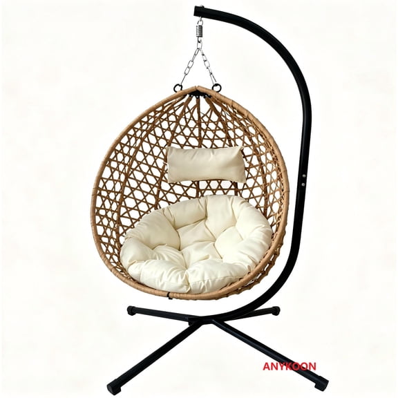 Anykoon Foldable Hanging Egg Chair with Stand, Wicker Swing Chair with Cushion, Heavy Duty Frame 350 Lbs Capacity, Outdoor & Indoor, Beige Yellow