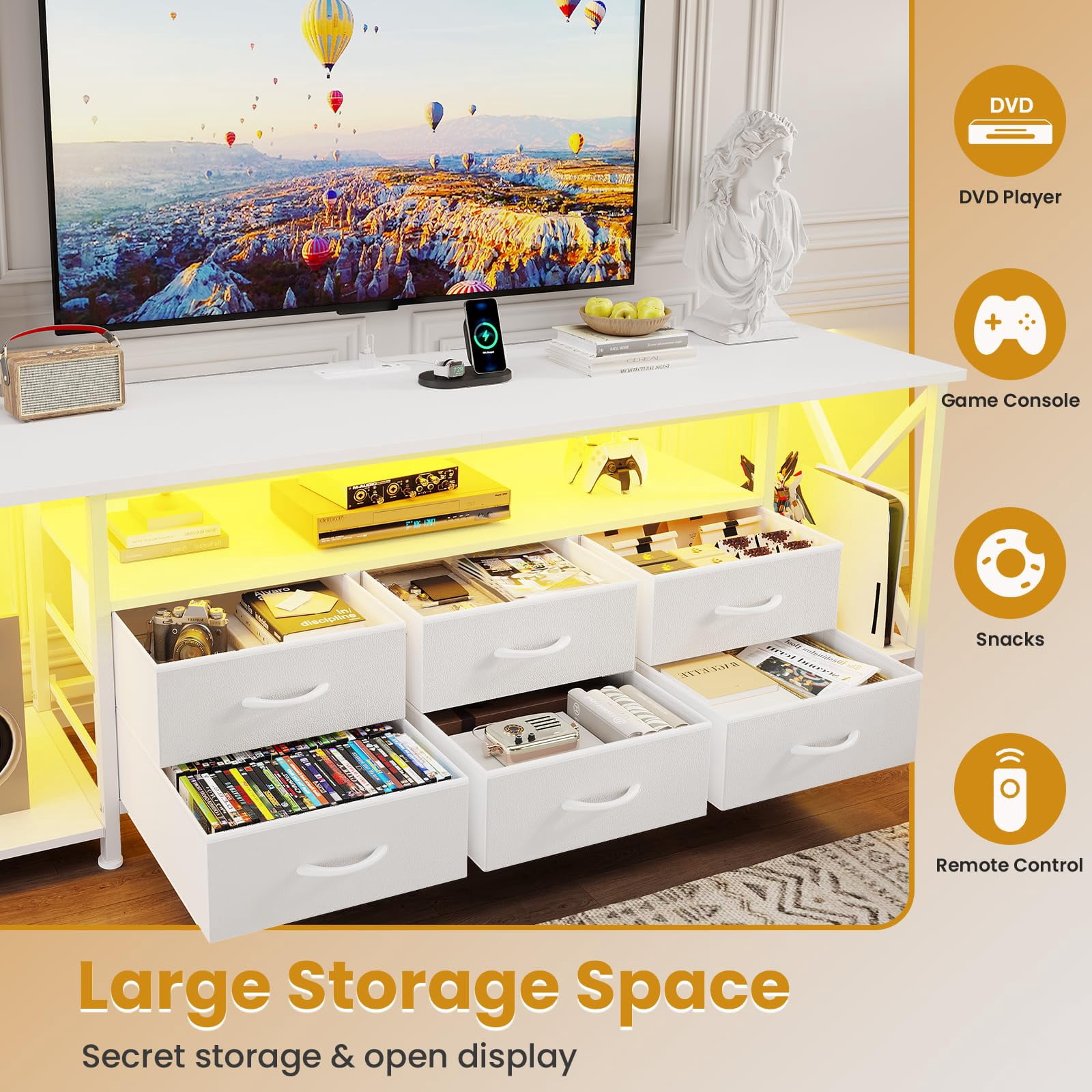 Afuhokles 63" TV Stand for 80 Inches TV, Entertainment Center with LED Lights and Power Outlets, 6 Fabric Drawers, White