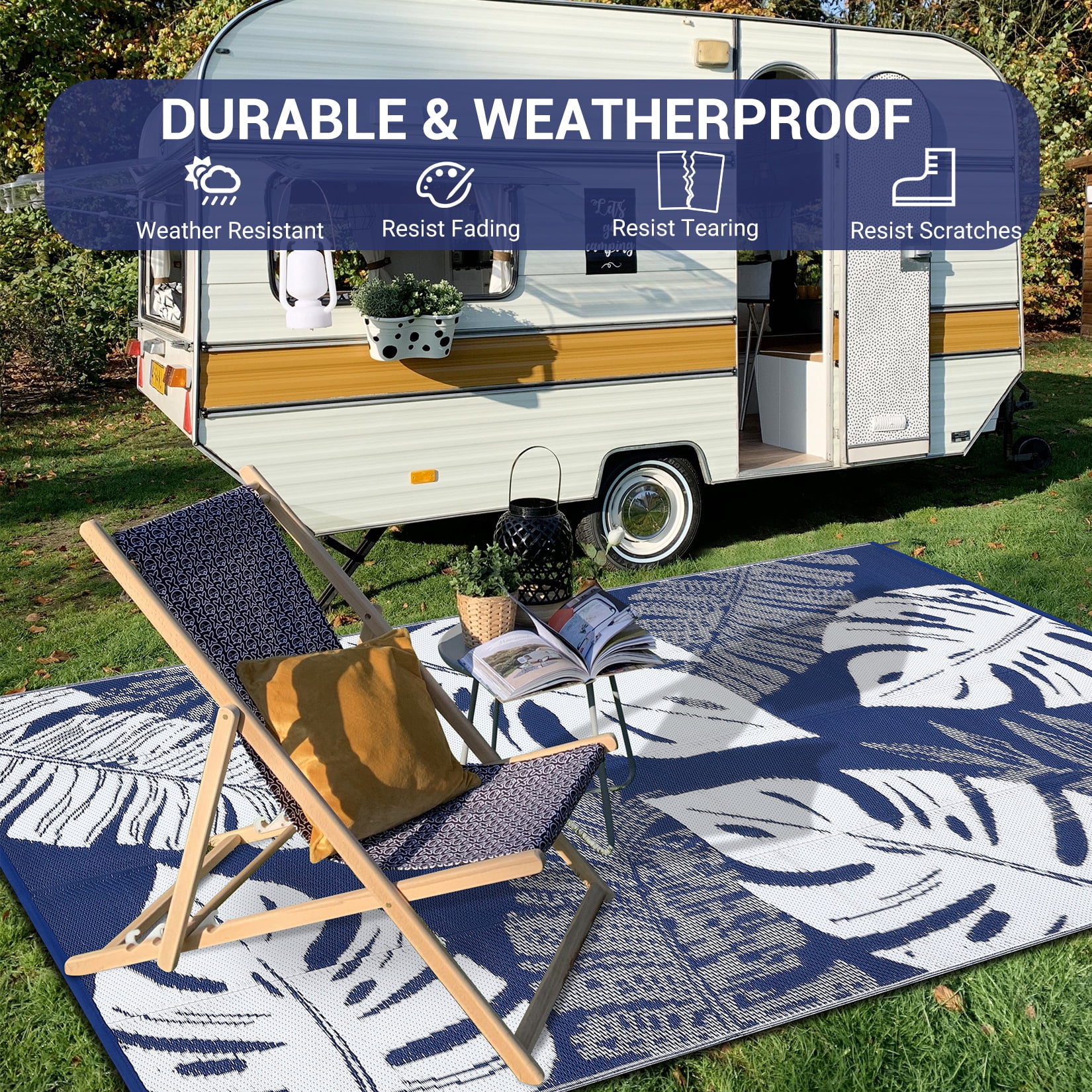 GlowSol 10'x14' Outdoor Rug Plastic Straw Weatherproof Reversible Rug Modern Leaves Patio Camping Rugs for Deck Porch Picnic Balcony, Dark Blue White