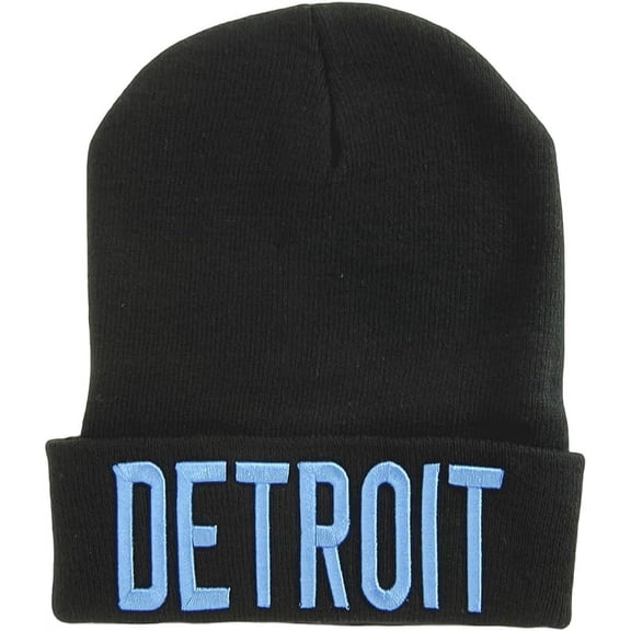 Detroit City Name Adult Size Winter Knit Cuffed Beanie Hat (Black/Blue)