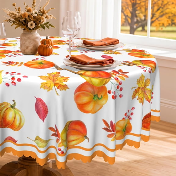 Nanqianyi Fall Round Tablecloth 70x70 Inch, Thanksgiving Autumn Harvest Orange Pumpkin Table Cover for Party Picnic Dinner Decor
