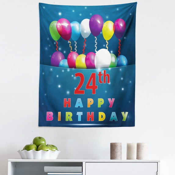 Colorful Tapestry, 24th Birthday Party Joyous Mood Occasion Flying Baloons Stars Happy Vibes, Fabric Wall Hanging Decor for Bedroom Living Room Dorm, 5 Sizes, Multicolor, by Ambesonne